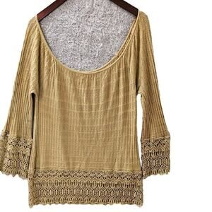 Umgee USA Boho Lace Tunic Top Blouse Bell‎ Sleeve Boat Neck Crochet Gold XL